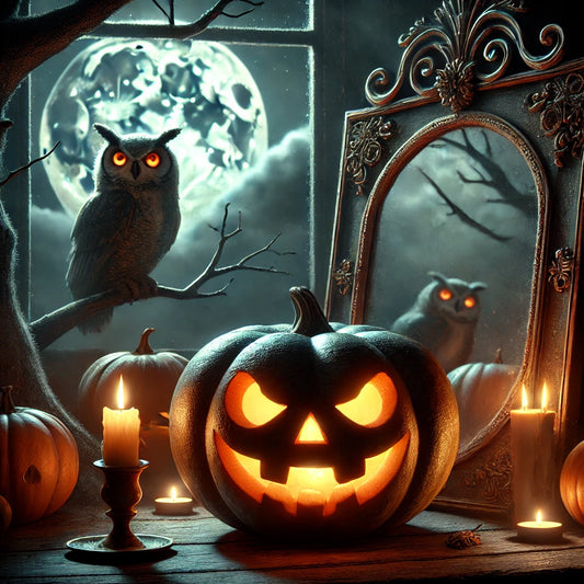 A carved Halloween jack-o'-lantern glowing with a sinister grin, next to a vintage Victorian mirror reflecting an eerie shadow, with a large owl with glowing eyes perched on a branch under a cloudy, moonlit night sky.