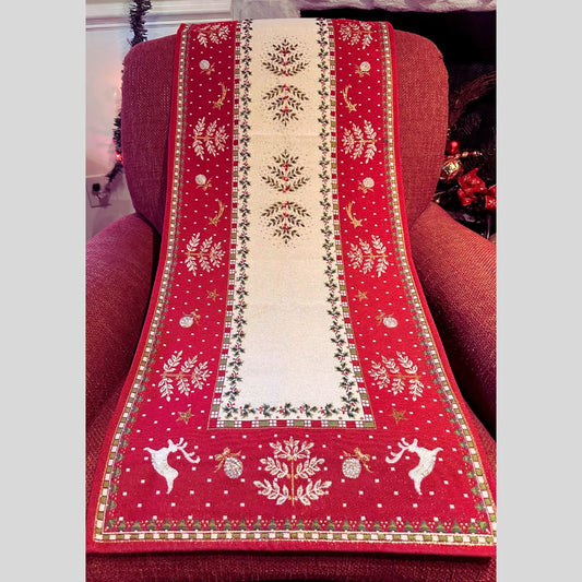 Hand-Beaded Gobelin Christmas Table Runner – Red & White Festive Elegance (144x45 cm)