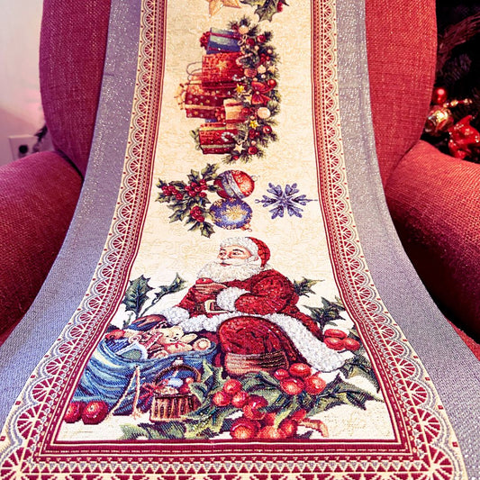 Hand-Beaded Gobelin Christmas Table Runner – Santa Claus and Holiday Scenes