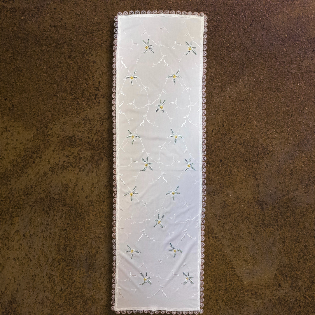 Hand-Embroidered Floral Table Runner – Elegant with Lace Border (55x17 Inches)