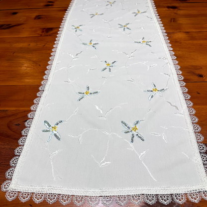 Hand-Embroidered Floral Table Runner – Elegant with Lace Border (55x17 Inches)