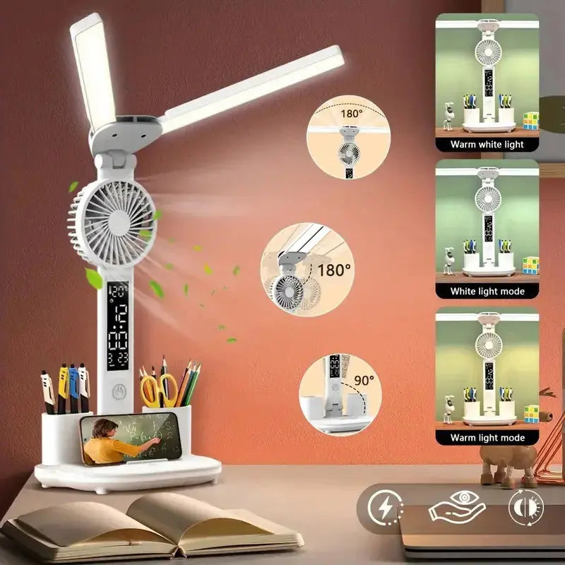 Foldable LED Table Light Eye Protection Multifunction Desk Lamp With Thermometer Calendar Fan Pen Holder Study Reading Fan Light DeriveMALL