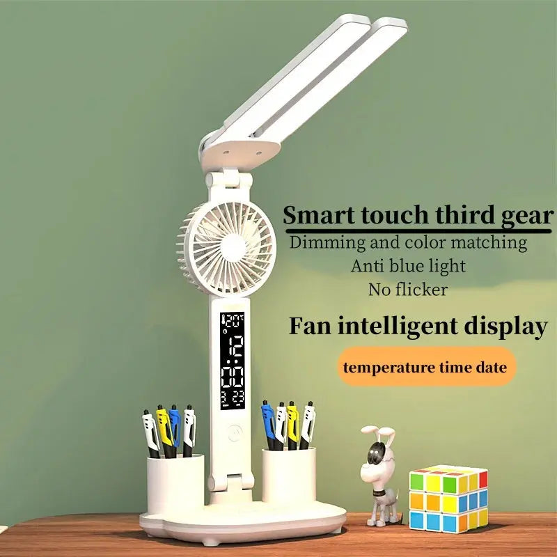 Foldable LED Table Light Eye Protection Multifunction Desk Lamp With Thermometer Calendar Fan Pen Holder Study Reading Fan Light DeriveMALL