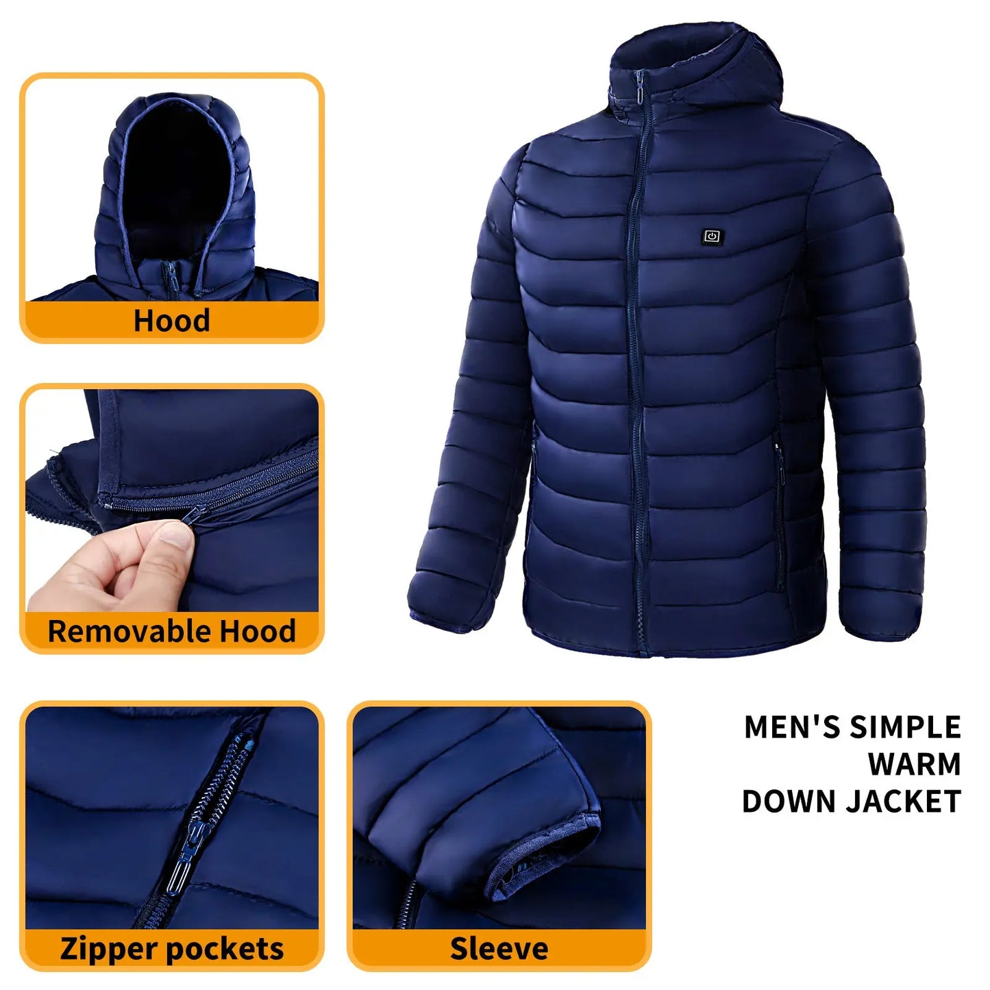 Men Heated Puffer Jacket Electric Heating Coat Insulated Hood Windbreaker 9Heat Zones DeriveMALL