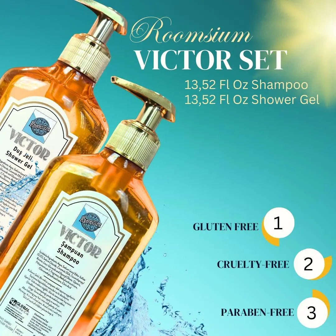 Roomsium Victor Set - Luxurious Refillable Dispensers | 13.52 Fl Oz Shampoo & Shower Gel Roomsium