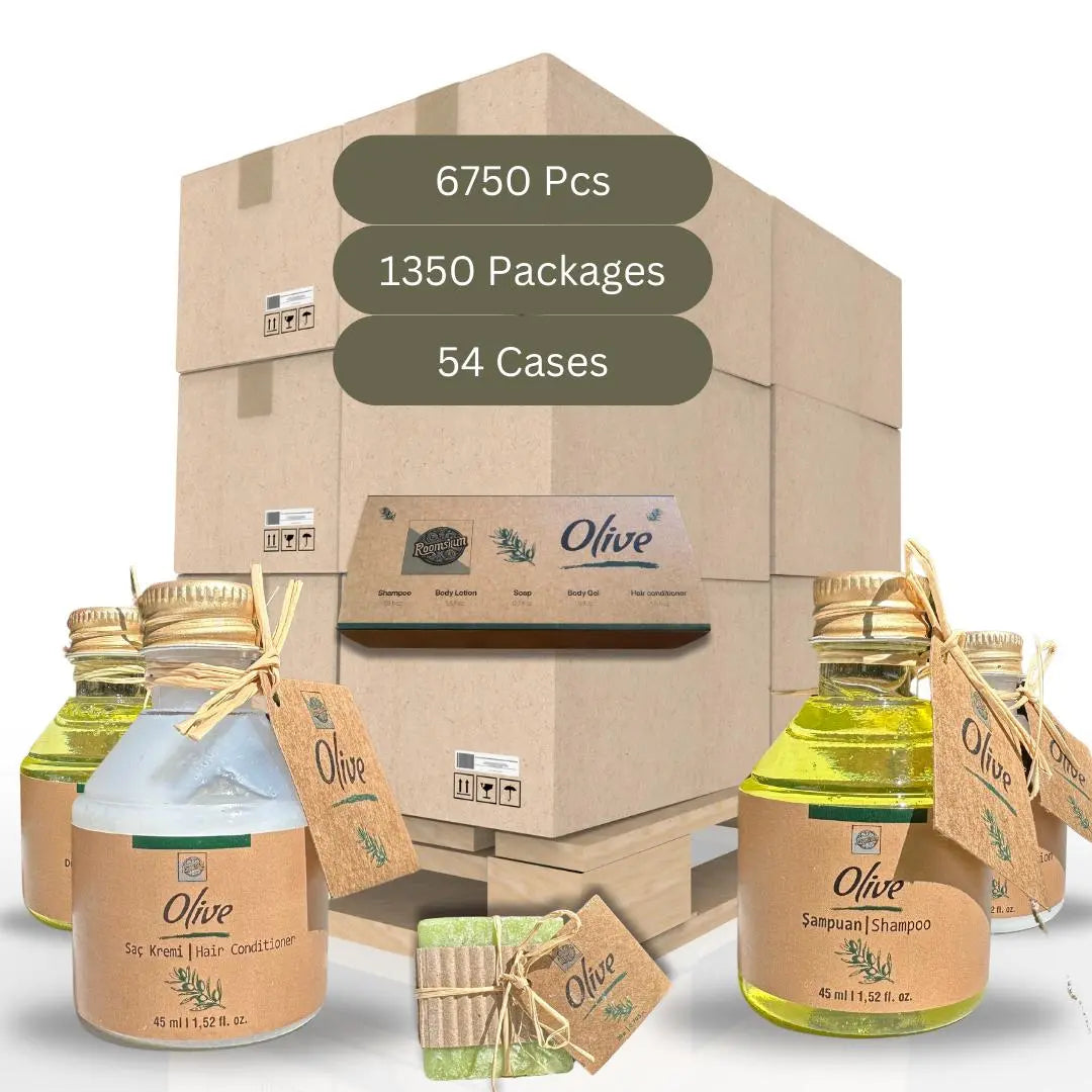 Hotel Amenities Pallet by Roomsium, Olive Box 1 Pallet (6750 Pcs - 1350 Packages) - DeriveMALL